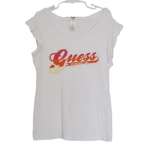 🟢K1040 * Guess Rhinestone Ombre Logo Ruffle Sleeves Tee White Size S (7-8)